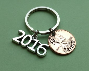 Graduation Hand Stamped Penny Keychain with 2022 charm, grad cap, Graduation Keychain, College Graduation High School Graduation gift