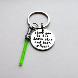 I Love You to the Death Star and Back Hand Stamped Keychain with optional charm of your choice-multiple colors, Valentine's gift for him image 2