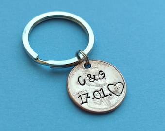 Personalized Hand Stamped Penny Keychain, Personalized Initials, Hand Stamped Heart, Special Date, Anniversary, Christmas gift for him