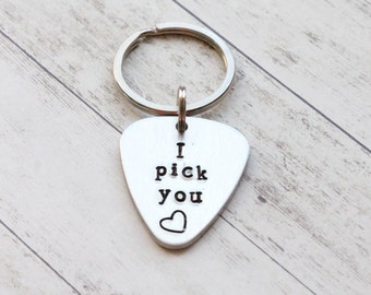 I pick you personalized hand stamped keychain, guitar pick personalized keychain, Christmas gift for her, Christmas gift for him