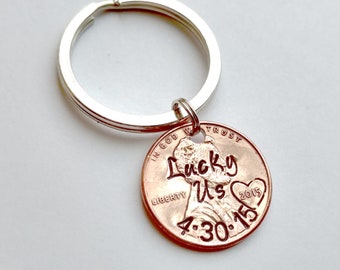 Lucky Us Hand Stamped Penny Keychain, Personalized date, Hand Stamped Heart, Special Date, Anniversary Wedding, Christmas gift for him
