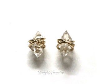 ORECCHINI CON DIAMANTI HERKIMER - Oro 14K / Riempito in oro rosa / Avvolgente in argento sterling - Orecchini Herkimer medi - Pietra portafortuna di aprile Quarzo ialino Natale
