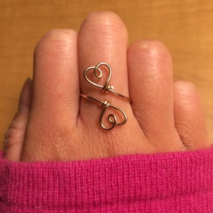 Double Hearts Ring - 14K Gold /Rose Gold-Filled /Sterling Silver -Heart Sweetheart Couple -Bridesmaid Gift Graduation  -Adjustable Christmas