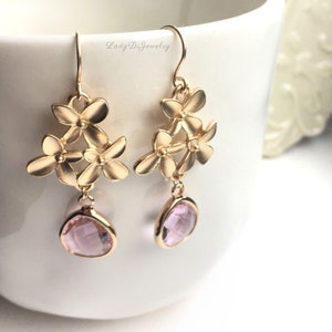 Blush Pink Flower Dangle Earrings /Light Rose Gold October Birthstone Birthday Drop /14K Gold-Filled Hook / Gem /Bridesmaid Christmas