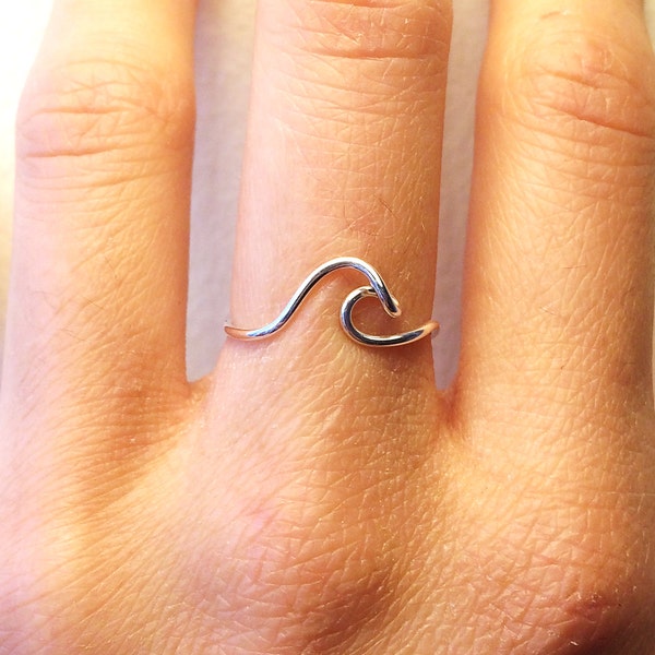 Silver Wave Ring -Sterling /14K Gold /Rose Gold-Filled/Turquoise Blue Wire -Ocean Beach Sea Tide Surfer Island Mothers Day -Adjustable Mini
