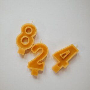 May include: Three yellow wax candles shaped like the numbers 8, 2, and 4. The candles are on a white surface.