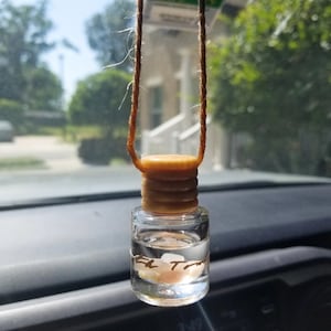 May include: A clear glass bottle with a brown wooden top and a string hanging from it. The bottle is filled with a clear liquid and contains small white and pink stones. The bottle is hanging from a rearview mirror in a car.