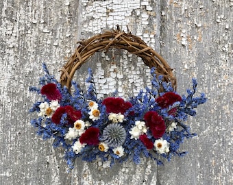 Dried Flower Wreath, Small Dried Flower Wreath, Blue German Statice Wreath, Burgundy Dried Flower Wreath, German Statice Wreath, Wreath