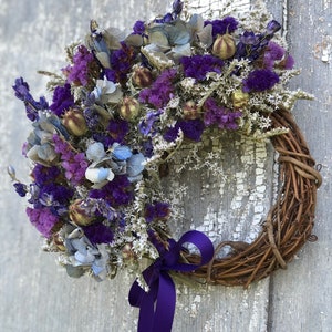 Dried Flower Wreath, Small Dried Flower Wreath, German Statice Wreath, Blue Dried Flower Wreath, Hydrangea Wreath, Purple Wreath image 4