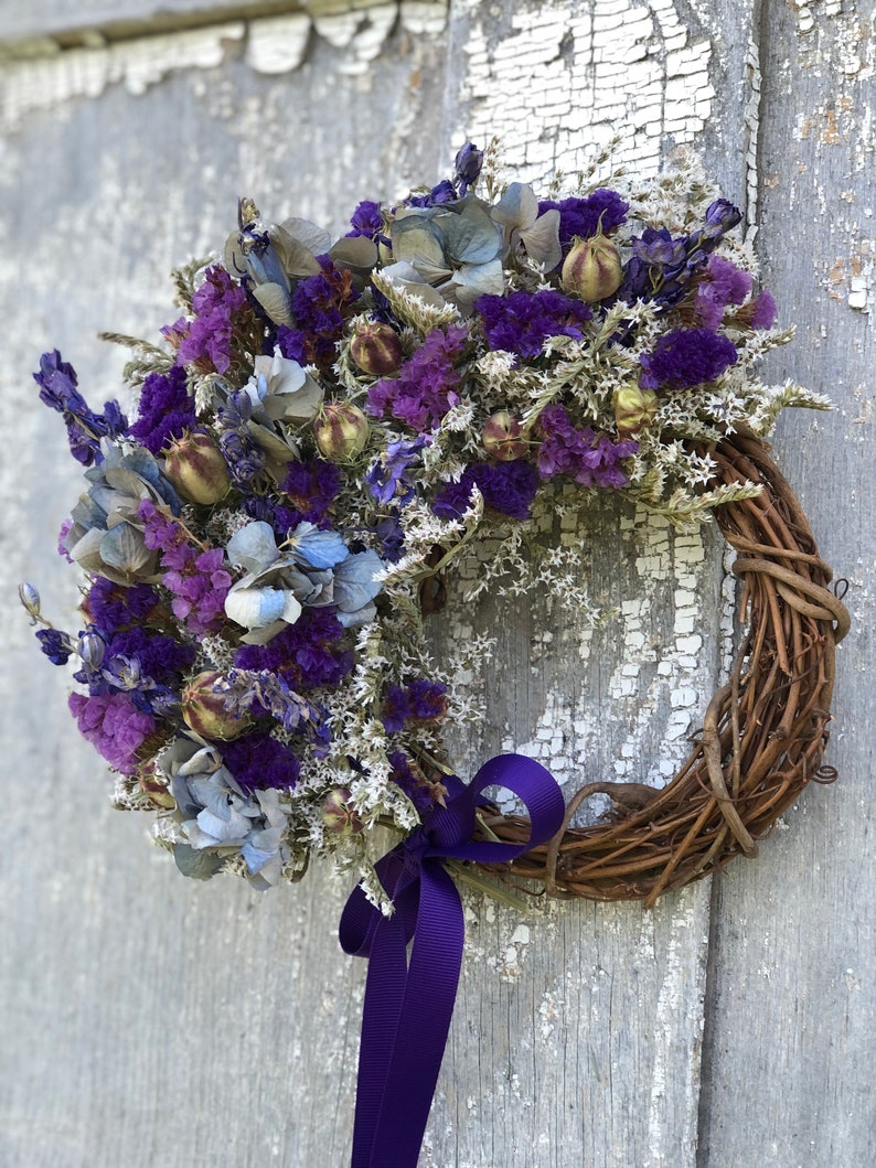 Dried Flower Wreath, Small Dried Flower Wreath, German Statice Wreath, Blue Dried Flower Wreath, Hydrangea Wreath, Purple Wreath image 4