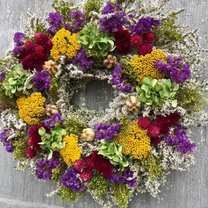 Dried Flower Wreath, Purple Wreath, Gold Flower Wreath, German Statice Wreath Farmhouse Wreath, All Natural Wreath, Made in New York image 3