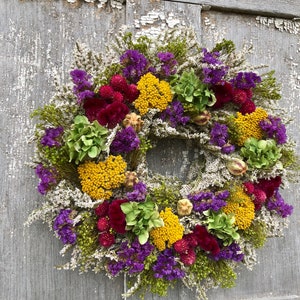 Dried Flower Wreath, Purple Wreath, Gold Flower Wreath, German Statice Wreath Farmhouse Wreath, All Natural Wreath, Made in New York image 4