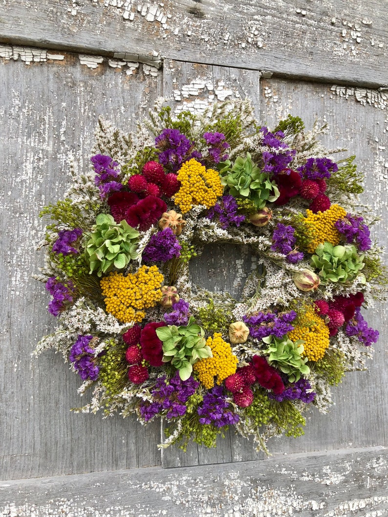 Dried Flower Wreath, Purple Wreath, Gold Flower Wreath, German Statice Wreath Farmhouse Wreath, All Natural Wreath, Made in New York image 4