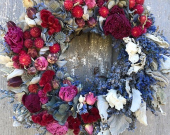 Dried Flower Wreath, Hydrangea Wreath, German Statice Wreath,Blue Dried Flower Wreath, All Natural Wreath,Dried Wreath