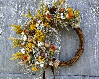 Dried Flower Wreath, Crescent Dried Flower Wreath, German Statice Wreath, Yellow Dried Flower Wreath, Orange Wreath, Grapevine Wreath