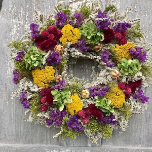 Dried Flower Wreath, Purple Wreath, Gold Flower Wreath, German Statice Wreath Farmhouse Wreath, All Natural Wreath, Made in New York image 1