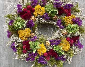 Dried Flower Wreath, Purple Wreath, Gold Flower  Wreath, German Statice Wreath Farmhouse Wreath, All Natural  Wreath,  Made in New York