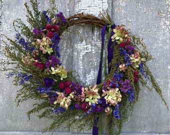 Dried Flower Wreath, Sweet Annie Wreath, Hydrangea Wreath, Grapevine Wreath, Grapevine Crescent Wreath, Purple and Green Dried Flower Wreath