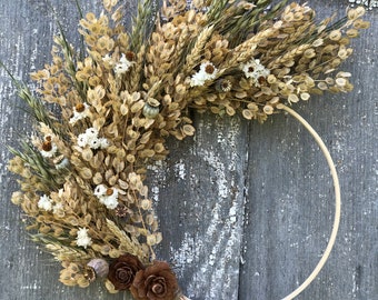 Couronne de fleurs séchées, couronne bohème, couronne de fleurs séchées sur cerceau en bois, couronne de fleurs séchées, cerceau en bois, couronne de fleurs séchées