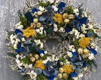 Dried Flower Wreath, German Statice Wreath, Yellow German Statice Wreath, Yellow and Blue Dried Flower Wreath, Hydrangea Wreath, Blue Wreath