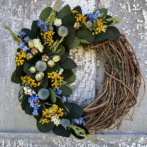 Couronne deucalyptus préservée, couronne de fleurs séchées, couronne de fleurs séchées bleues, couronne entièrement naturelle, couronne séchée, couronne deucalyptus image 4