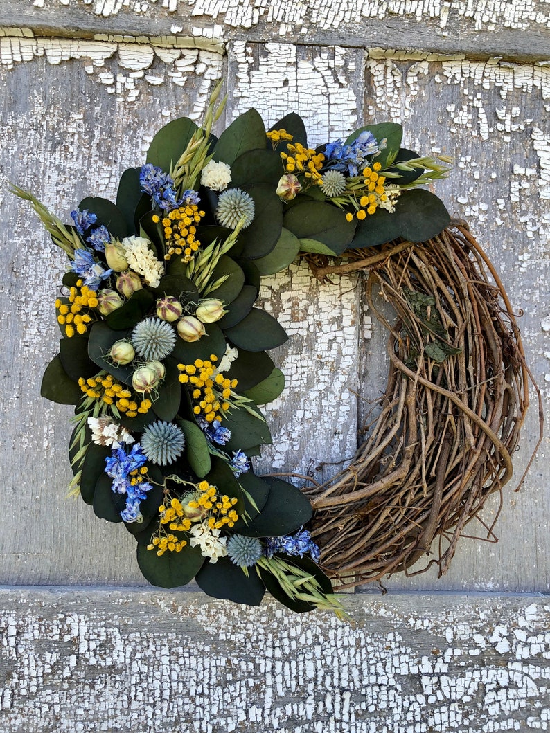 Couronne deucalyptus préservée, couronne de fleurs séchées, couronne de fleurs séchées bleues, couronne entièrement naturelle, couronne séchée, couronne deucalyptus image 4