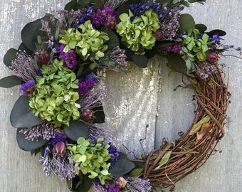 Couronne d'eucalyptus stabilisé, couronne de fleurs séchées, couronne de fleurs séchées violettes, couronne verte séchée, couronne séchée, couronne d'eucalyptus