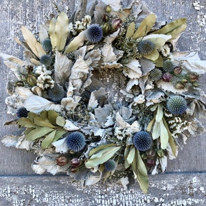 German Statice Wreath, Blue Globe Thistle Wreath, Dusty Miller Wreath, Dried Flower Wreath, Integrifolia Wreath, Blue Wreath