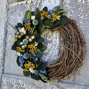 Couronne deucalyptus préservée, couronne de fleurs séchées, couronne de fleurs séchées bleues, couronne entièrement naturelle, couronne séchée, couronne deucalyptus image 2