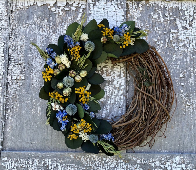 Couronne deucalyptus préservée, couronne de fleurs séchées, couronne de fleurs séchées bleues, couronne entièrement naturelle, couronne séchée, couronne deucalyptus image 1