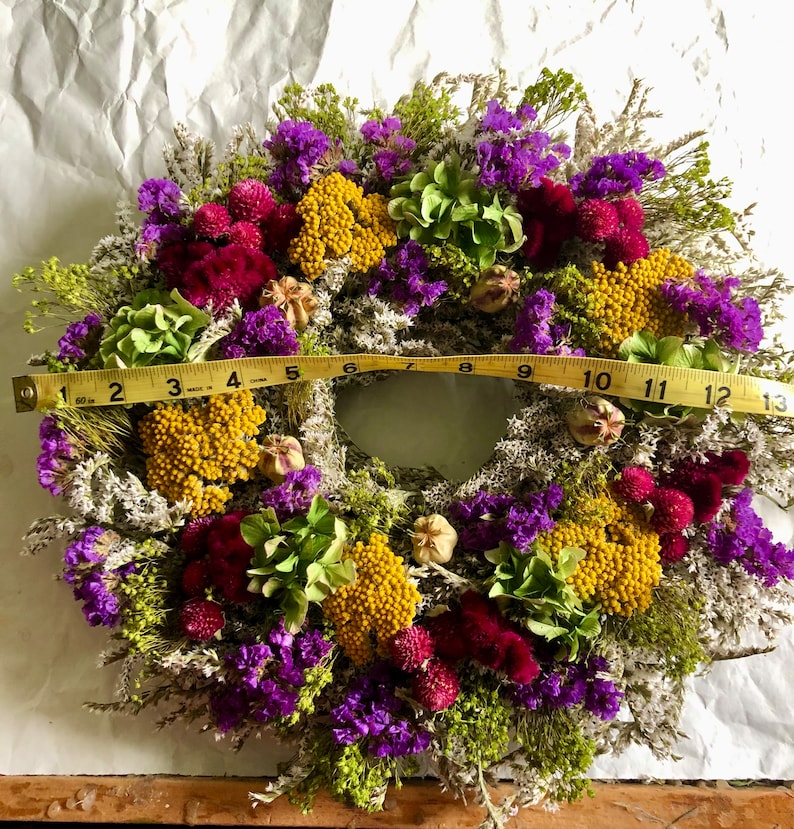 Dried Flower Wreath, Purple Wreath, Gold Flower Wreath, German Statice Wreath Farmhouse Wreath, All Natural Wreath, Made in New York image 2