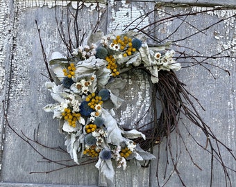 Dried Flower Wreath, Dried Floral Wreath, Yellow and Blue Dried Flower Wreath, Blue Dried Flower Wreath, Birch Twig Wreath, Yellow Wreath