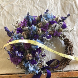 Dried Flower Wreath, Small Dried Flower Wreath, German Statice Wreath, Blue Dried Flower Wreath, Hydrangea Wreath, Purple Wreath image 2