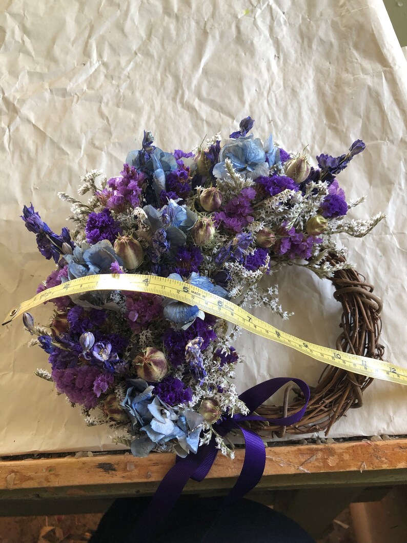 Dried Flower Wreath, Small Dried Flower Wreath, German Statice Wreath, Blue Dried Flower Wreath, Hydrangea Wreath, Purple Wreath image 2