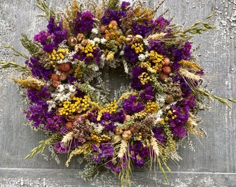 Dried Flower Wreath, German Statice Wreath, Multi Colored Wreath, Dried Floral Wreath, Pink Dried Flower Wreath, Purple Dried Flower Wreath