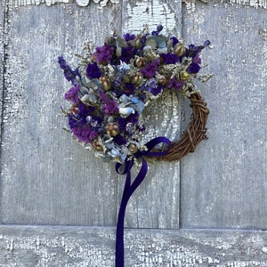 Dried Flower Wreath, Small Dried Flower Wreath, German Statice Wreath, Blue Dried Flower Wreath, Hydrangea Wreath, Purple Wreath image 1