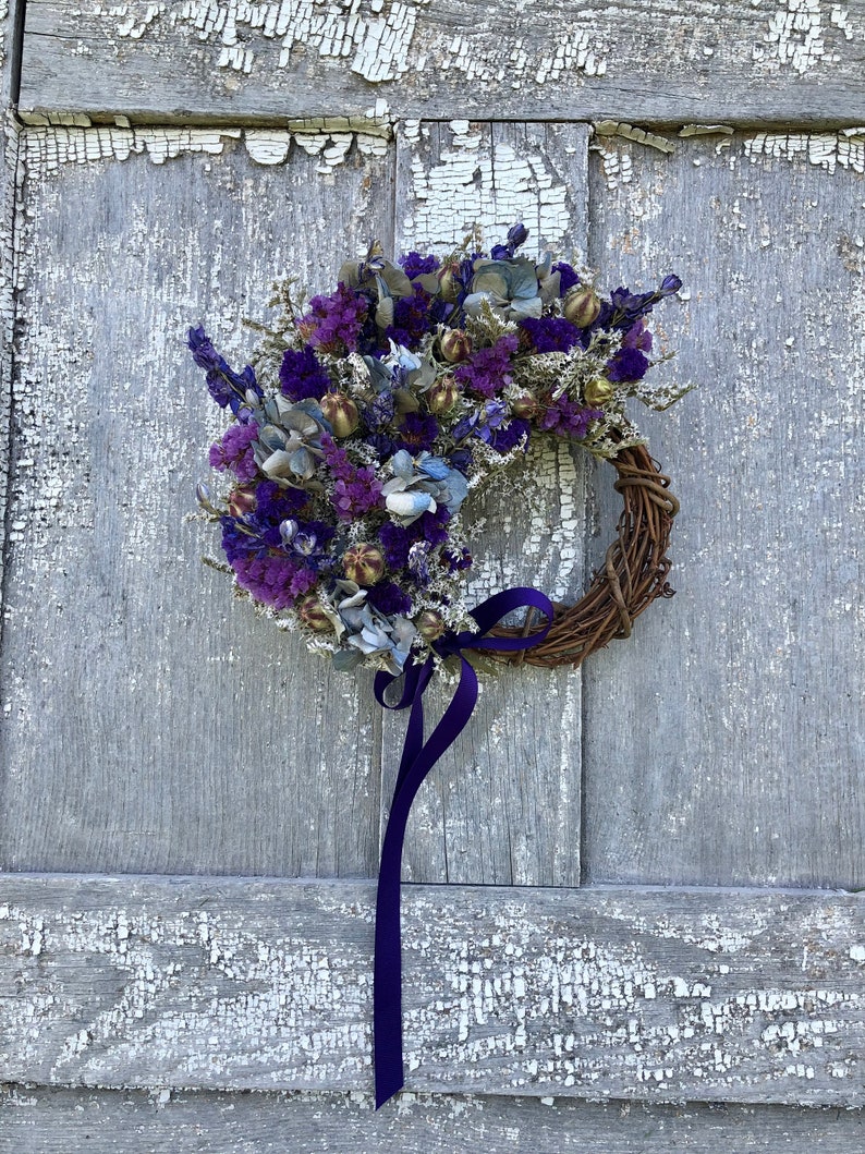 Dried Flower Wreath, Small Dried Flower Wreath, German Statice Wreath, Blue Dried Flower Wreath, Hydrangea Wreath, Purple Wreath image 1