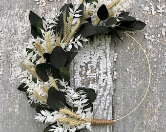 Dried Flower Wreath, Preserved Eucalyptus Wreath, Eucalyptus Wreath on Brass Hoop, Brass Hoop Wreath, Eucalyptus Wreath, Dried Floral Wreath