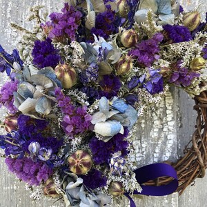 Dried Flower Wreath, Small Dried Flower Wreath, German Statice Wreath, Blue Dried Flower Wreath, Hydrangea Wreath, Purple Wreath image 3