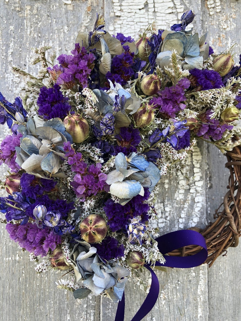 Dried Flower Wreath, Small Dried Flower Wreath, German Statice Wreath, Blue Dried Flower Wreath, Hydrangea Wreath, Purple Wreath image 3