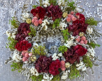 Dried Flower Wreath, German Statice Wreath, Green, Pink and Burgundy Wreath, Dried Floral Wreath, Hydrangea Wreath, Burgundy Dried Wreath