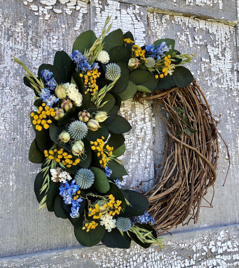 Couronne deucalyptus préservée, couronne de fleurs séchées, couronne de fleurs séchées bleues, couronne entièrement naturelle, couronne séchée, couronne deucalyptus image 3