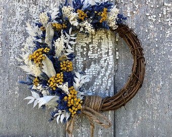 Dried  Flower Wreath, German Statice Wreath, Grapevine Wreath, Blue German Statice Wreath, Yellow Dried Flower Wreath,  Yellow Wreath