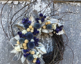 Birch Wreath, Small  Dried Flower Wreath, Grapevine Wreath, Blue Dried Flower Wreath,