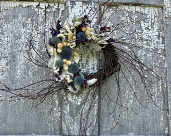 Dried Flower Wreath, Blue Wreath, Blue Dried Flower Wreath, Purple Dried Flower Wreath, Dust Miller Wreath, Globe Thistle Wreath,Twig Wreath