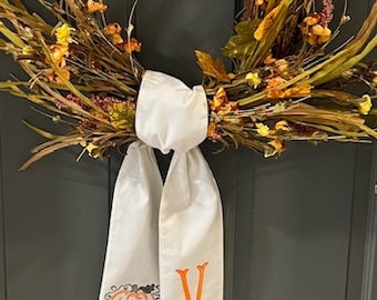 Personalized wreath sash, fall wreath sash, pumpkin wreath sash, initial wreath sash