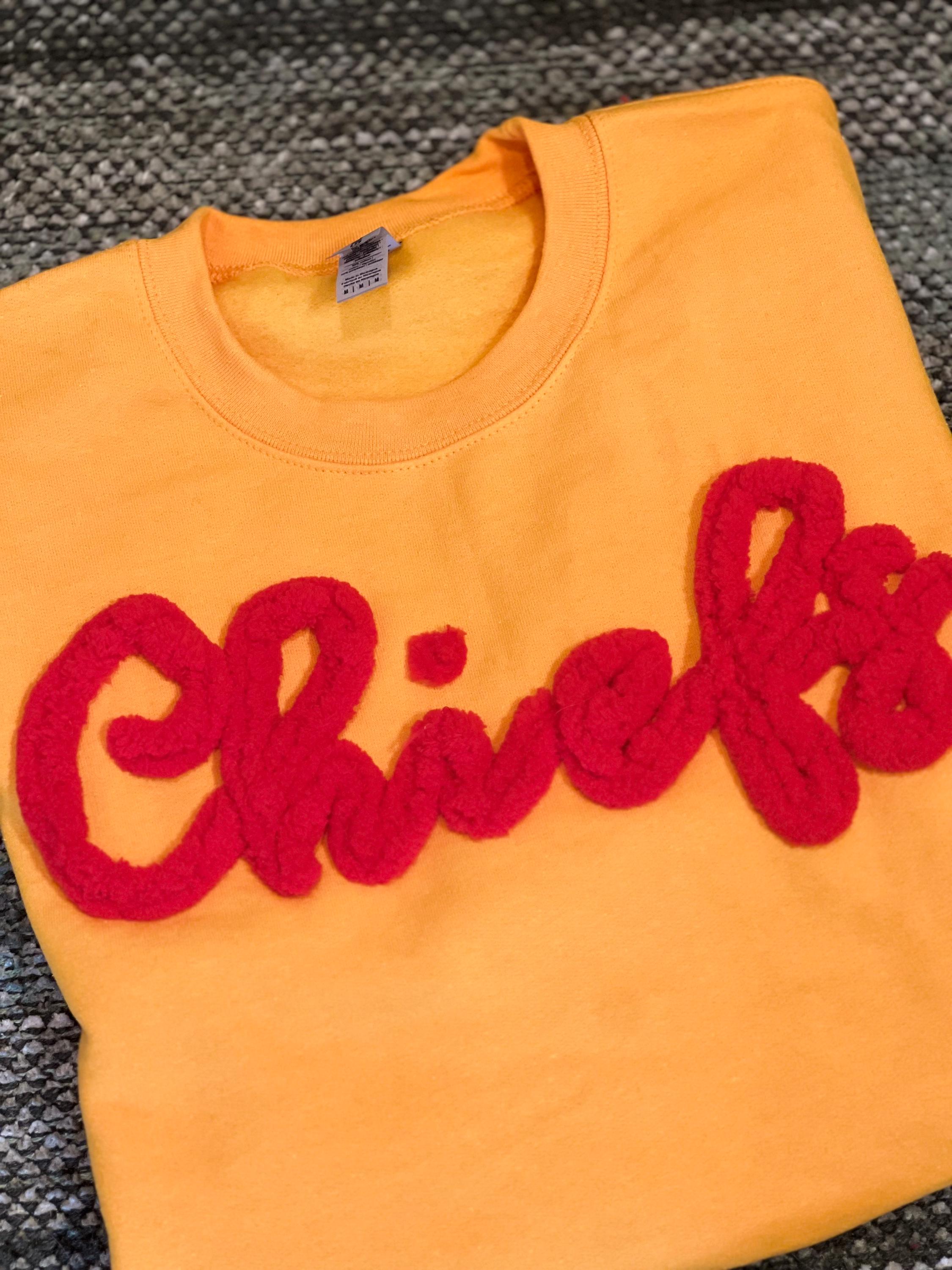 Chiefs sweatshirt, Chenille yarn Sweatshirt, Custom Team Sweatshirt, School Spirit Sweatshirt, Sports Sweatshirt