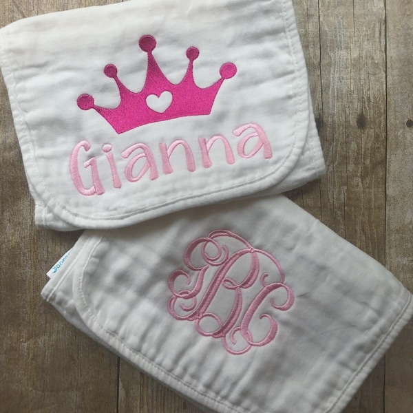 Personalized Muslin Burp Cloth: Embroidered Crown, Monogrammed Girl Gift