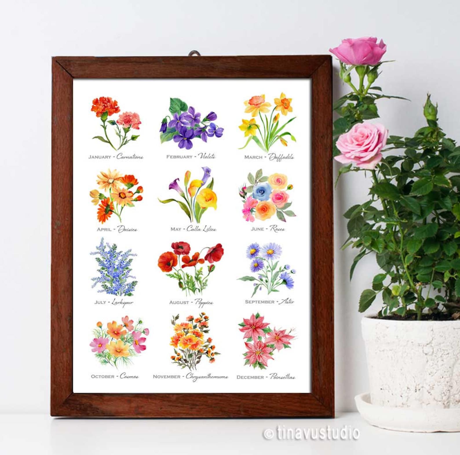 Birth Month Flowers, Flowers of the Months, Floral Poster, Digital