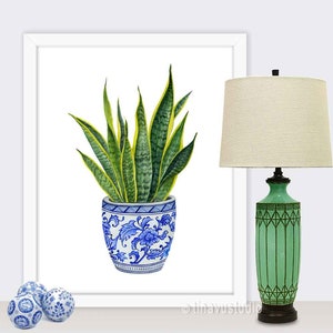 blauwe en witte plantenbak aquarel, DIGITALE DOWNLOAD, slangenplant in pot, slangenplant schilderij, aquarel afdrukbaar, groene bladeren in plantenbak